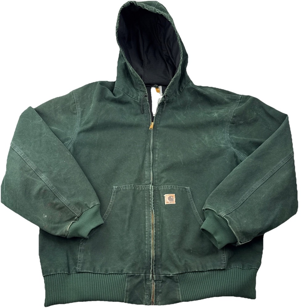 VTG Y2K Carhartt J168 SPC Hooded Jacket Mens 2XL Spruce Green Leather Patch